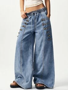 Bohemela Casual Solid Color Woven Wide Leg Women's Jeans - Light Wash - View 9