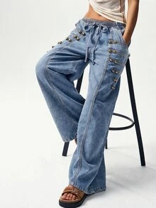 Bohemela Casual Solid Color Woven Wide Leg Women's Jeans - Light Wash - View 1