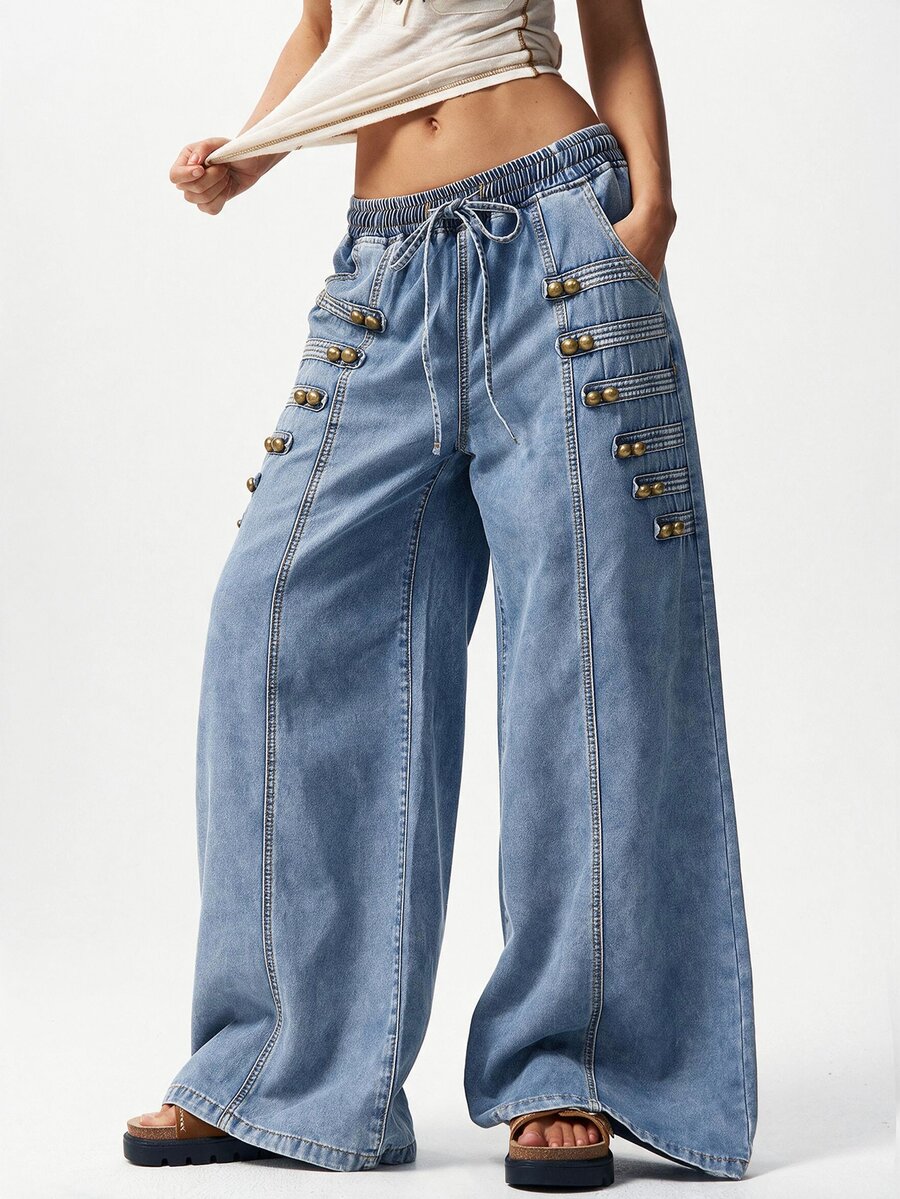 Bohemela Casual Solid Color Woven Wide Leg Women's Jeans - Light Wash - View 1