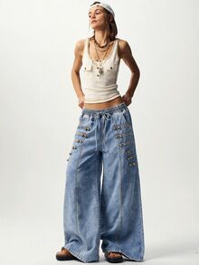 Bohemela Casual Solid Color Woven Wide Leg Women's Jeans - Light Wash - View 7