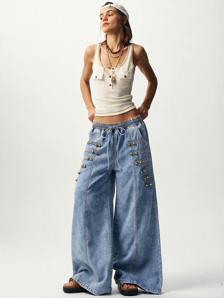 Bohemela Celana Jeans Wanita Kasual Polos dengan Potongan Lebar - Light Wash - View 7
