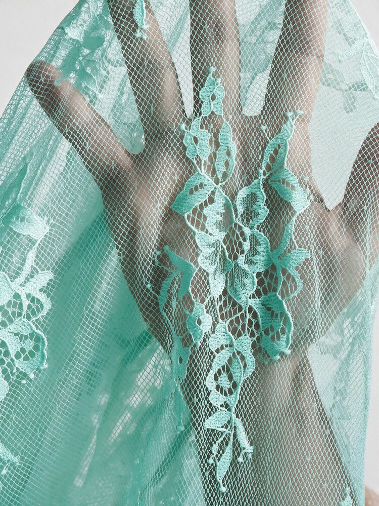 Bohemela Casual Solid Color Knitted Lace V-Neck Flare Long Sleeve Ruffle Women's Top - Mint Blue - View 3