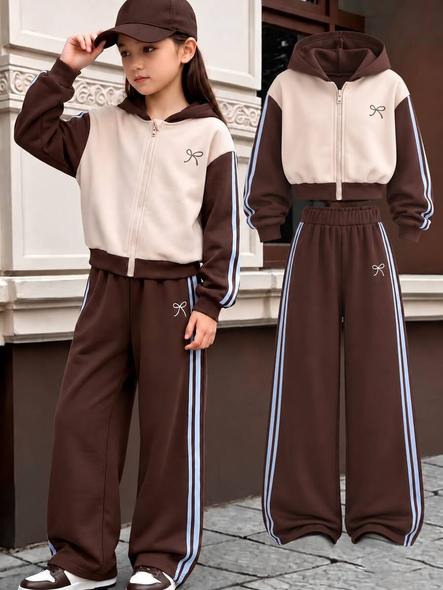 SHEIN طقم من قطعتين للبنات الصغيرات لفصلي الربيع والخريف بألوان القهوة والكريم بتصميم كتل لونية، كاجوال ورياضي، بلوزة رياضية محبوكة مع جاكيت بغطاء رأس وسحاب وتطريز فيونكة وجيوب جانبية مزدوجة - متعدد الألوان - مشاهدة 1