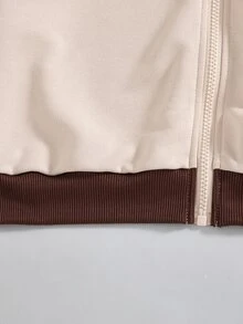 SHEIN طقم من قطعتين للبنات الصغيرات لفصلي الربيع والخريف بألوان القهوة والكريم بتصميم كتل لونية، كاجوال ورياضي، بلوزة رياضية محبوكة مع جاكيت بغطاء رأس وسحاب وتطريز فيونكة وجيوب جانبية مزدوجة - متعدد الألوان - مشاهدة 8