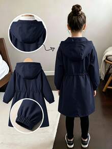 SHEIN Elladie kids (Tween Girl) 海軍藍收腰連帽字母裝飾運動風圖案可愛休閒可調腰口袋夾克，秋季服飾，校園 - 藏蓝色 - 查看 3