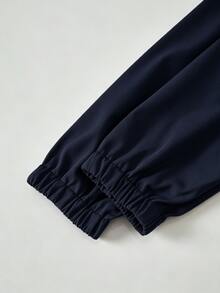 SHEIN Elladie kids (Tween Girl) 海軍藍收腰連帽字母裝飾運動風圖案可愛休閒可調腰口袋夾克，秋季服飾，校園 - 藏蓝色 - 查看 7