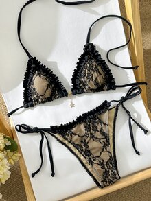 Swim Mod Hollow Lace Bikinis Patchwork Swimsuit Women Bathing Suits Bandage Swimwear Beachwear Bikini Set, Elegant Sexy Beach Holiday Party Swimwear - Black - View 1