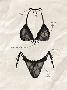 Swim Mod Hollow Lace Bikinis Patchwork Swimsuit Women Bathing Suits Bandage Swimwear Beachwear Bikini Set, Elegant Sexy Beach Holiday Party Swimwear - Black - View 2