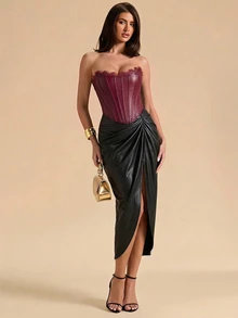 SHEIN BAE 女款純色對比蕾絲PU皮革抹胸上衣 - 酒紅色 - 查看 5