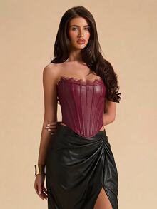 SHEIN BAE 女款純色對比蕾絲PU皮革抹胸上衣 - 酒紅色 - 查看 4