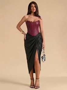 SHEIN BAE 女款純色對比蕾絲PU皮革抹胸上衣 - 酒紅色 - 查看 3