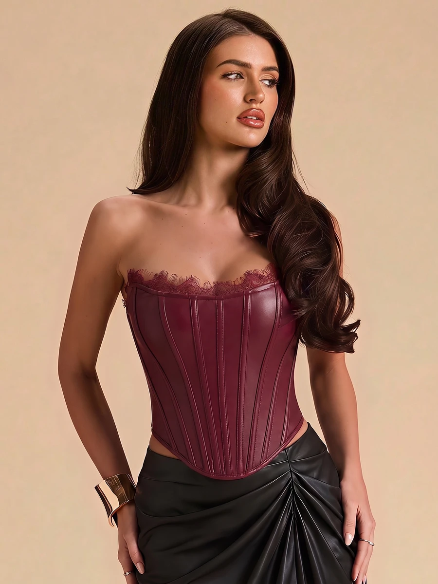 SHEIN BAE 女款純色對比蕾絲PU皮革抹胸上衣 - 酒紅色 - 查看 1