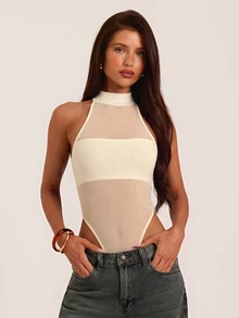 SHEIN BAE 秋冬淺杏色高領網紗透視無袖緊身性感連身衣 感恩節亡靈節派對夜生活穿搭 - 杏色 - 查看 6