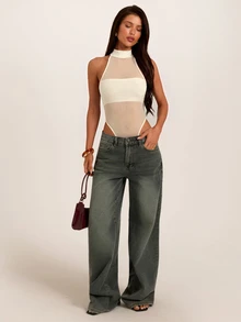 SHEIN BAE 秋冬淺杏色高領網紗透視無袖緊身性感連身衣 感恩節亡靈節派對夜生活穿搭 - 杏色 - 查看 1