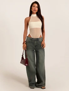 SHEIN BAE 秋冬淺杏色高領網紗透視無袖緊身性感連身衣 感恩節亡靈節派對夜生活穿搭 - 杏色 - 查看 3