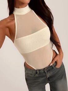 SHEIN BAE 秋冬淺杏色高領網紗透視無袖緊身性感連身衣 感恩節亡靈節派對夜生活穿搭 - 杏色 - 查看 8