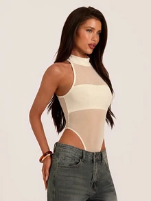 SHEIN BAE 秋冬淺杏色高領網紗透視無袖緊身性感連身衣 感恩節亡靈節派對夜生活穿搭 - 杏色 - 查看 7