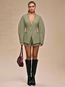 SHEIN BAE 女款素色長袖單排扣休閒西裝外套 - 軍綠色 - 查看 4