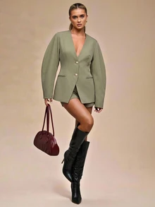 SHEIN BAE 女款素色長袖單排扣休閒西裝外套 - 軍綠色 - 查看 3