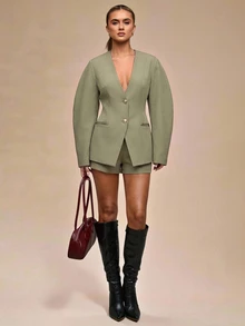 SHEIN BAE 女款素色長袖單排扣休閒西裝外套 - 軍綠色 - 查看 6