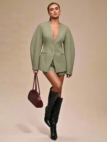 SHEIN BAE 女款素色長袖單排扣休閒西裝外套 - 軍綠色 - 查看 1