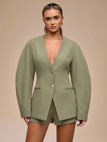SHEIN BAE 女款素色長袖單排扣休閒西裝外套 - 軍綠色 - 查看 5