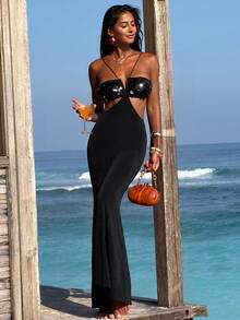 Opulessa Spring/Summer Vacation Solid Color Sequin Women's Dress - Black - View 6