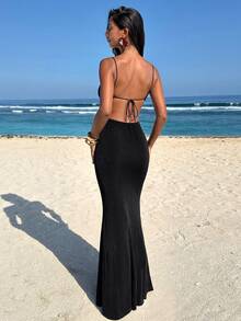 Opulessa Spring/Summer Vacation Solid Color Sequin Women's Dress - Black - View 2