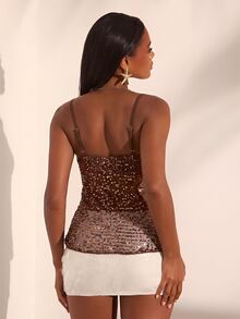 Opulessa Women's Solid Color Sequin Front Tie Fashion Camisole - Coffee Brown - View 3