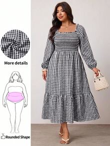 Enliva Plus Size Women's Vacation Loose Plaid Dress Fall - Black and White - View 1