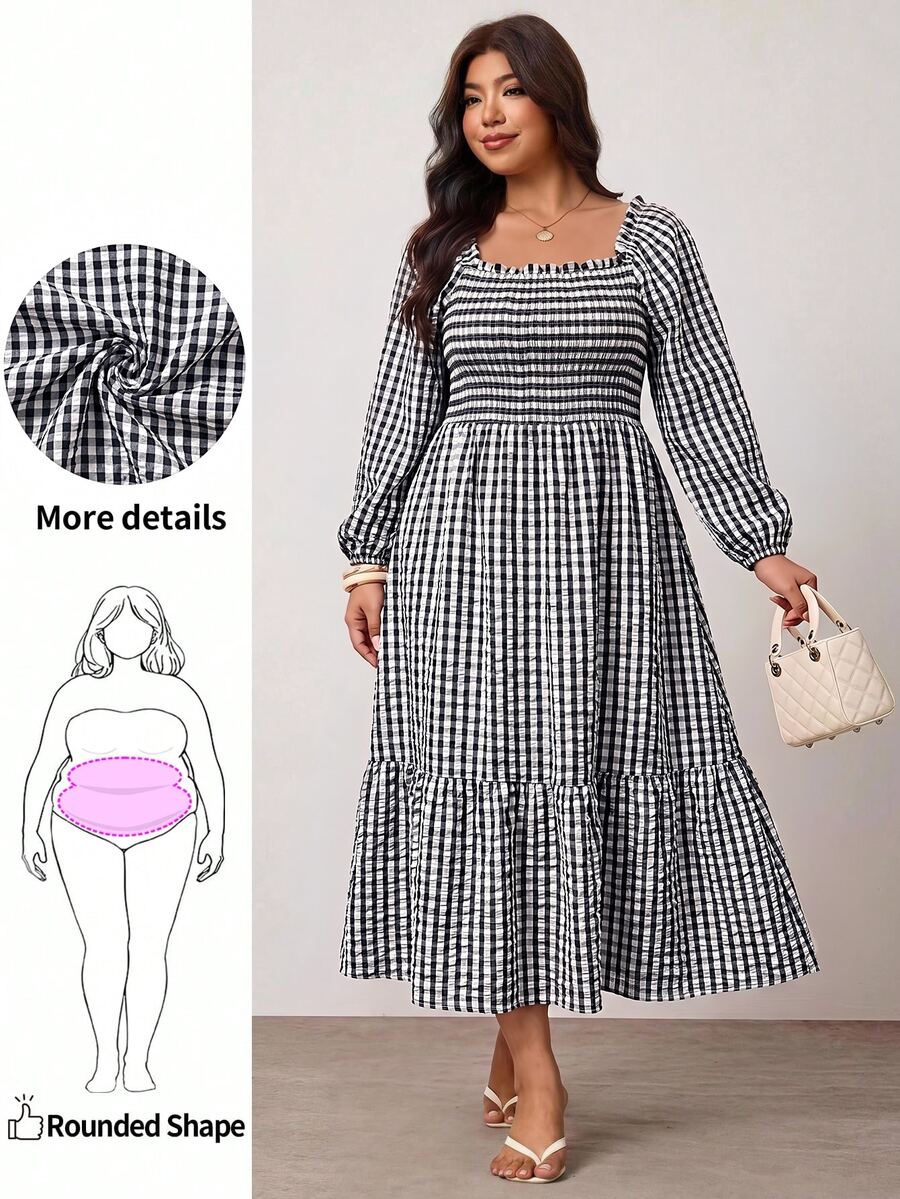 Enliva Plus Size Women's Vacation Loose Plaid Dress Fall - Black and White - View 1