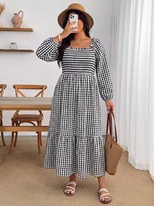 Enliva Plus Size Women's Vacation Loose Plaid Dress Fall - Black and White - View 4