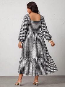 Enliva Plus Size Women's Vacation Loose Plaid Dress Fall - Black and White - View 2