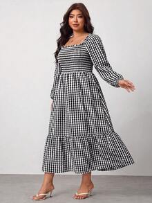 Enliva Plus Size Women's Vacation Loose Plaid Dress Fall - Black and White - View 6