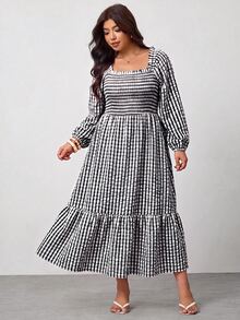 Enliva Plus Size Women's Vacation Loose Plaid Dress Fall - Black and White - View 5