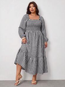 Enliva Plus Size Women's Vacation Loose Plaid Dress Fall - Black and White - View 7