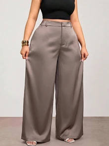 Enliva Plus-Size Women's Wrinkle-Resistant Satin Straight-Leg Loose-Fitting Pants, Perfect For Valentine's Fall - Camel - View 5