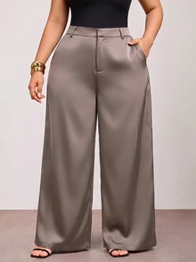 Enliva Plus-Size Women's Wrinkle-Resistant Satin Straight-Leg Loose-Fitting Pants, Perfect For Valentine's Fall - Camel - View 4