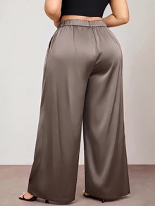 Enliva Plus-Size Women's Wrinkle-Resistant Satin Straight-Leg Loose-Fitting Pants, Perfect For Valentine's Fall - Camel - View 2