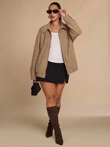 SHEIN BAE CURVE Plus Size Women's Khaki Boxy Jacket Winter - Khaki - View 3