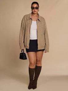 SHEIN BAE CURVE Plus Size Women's Khaki Boxy Jacket Winter - Khaki - View 7