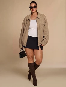 SHEIN BAE CURVE Plus Size Women's Khaki Boxy Jacket Winter - Khaki - View 5