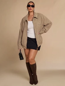 SHEIN BAE CURVE Plus Size Women's Khaki Boxy Jacket Winter - Khaki - View 4