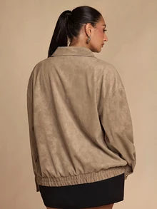 SHEIN BAE CURVE Plus Size Women's Khaki Boxy Jacket Winter - Khaki - View 2