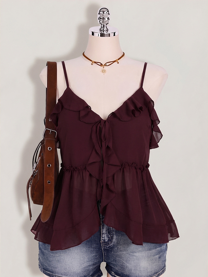 SHEIN ICON Women's Plus Size Ruffle Chiffon Solid Color Front Tie Strap Tank Top