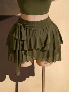 SHEIN ICON Women's Plus Size Solid Color Pleated Fashion Versatile Date & Travel Skirt Fall - Army Green - View 1