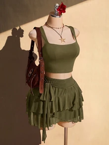 SHEIN ICON Women's Plus Size Solid Color Pleated Fashion Versatile Date & Travel Skirt Fall - Army Green - View 3