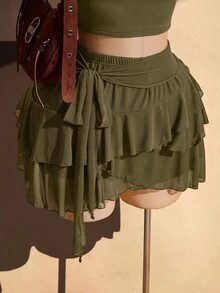 SHEIN ICON Women's Plus Size Solid Color Pleated Fashion Versatile Date & Travel Skirt Fall - Army Green - View 6