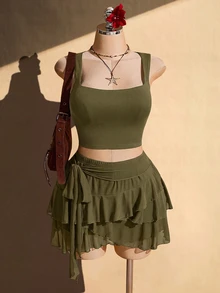 SHEIN ICON Women's Plus Size Solid Color Pleated Fashion Versatile Date & Travel Skirt Fall - Army Green - View 4