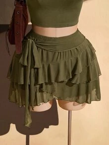 SHEIN ICON Women's Plus Size Solid Color Pleated Fashion Versatile Date & Travel Skirt Fall - Army Green - View 7
